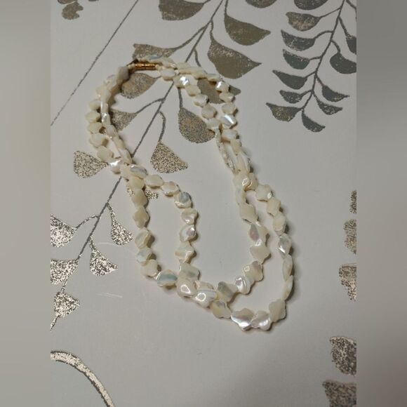 Two Strands of Vintage White Alabaster Abalone Shell Choker Collar Necklace - Picture 1 of 7